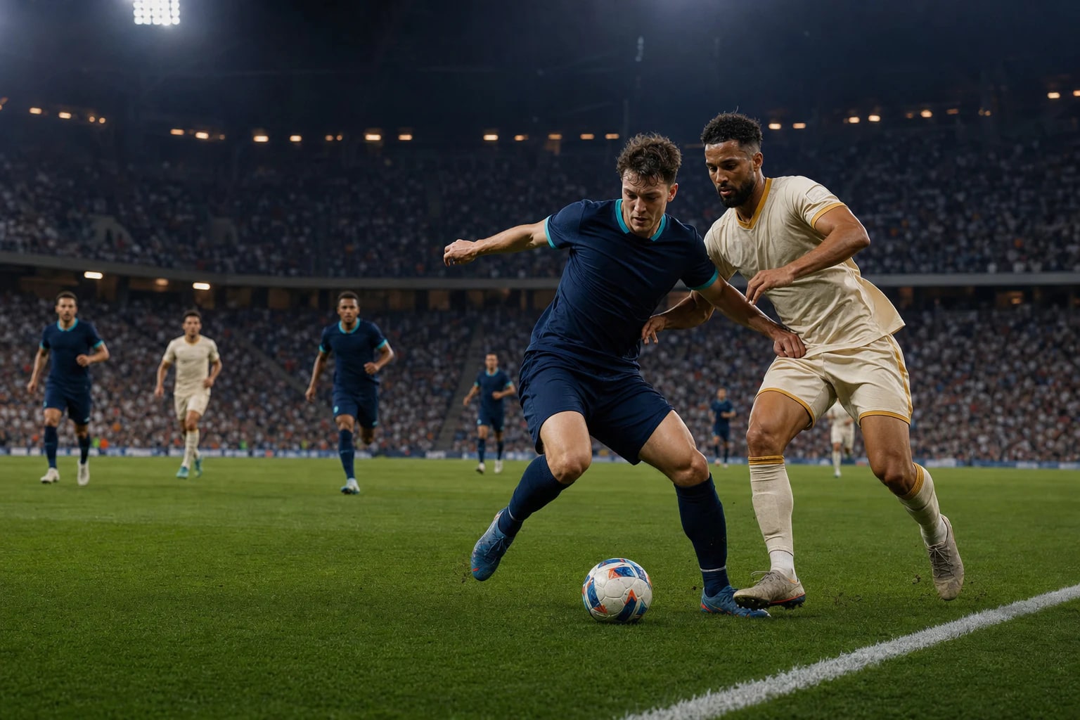 Photorealistic illustration of two footballers contesting the ball during a night match under stadium floodlights.